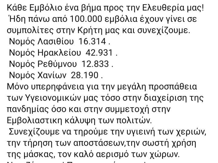 Περισσότερα από 100 χιλιάδες εμβόλια έχουν γίνει στην Κρήτη για τον κορονοϊό